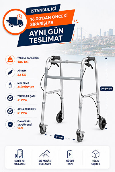 TAGESAN 4 Tekerlekli Frenli Katlanır Walker Yürüteç | Alüminyum Gövdeli, Boy ...