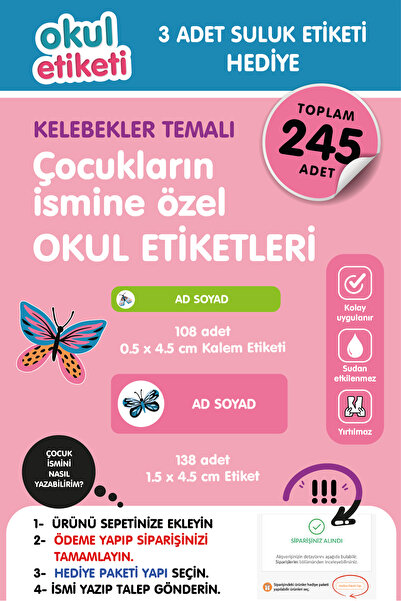OKUL ETİKETİ BASKI OKUL ETİKETİ KELEBEKLER TEMALI MİDİ PAKET İSME ÖZEL OKUL E...