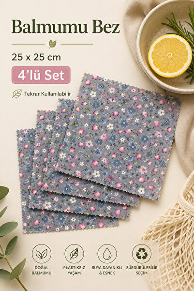 4’lü Balmumu Gıda Saklama Bezi 25x25 cm – %100 Pamuk, Yıkanabilir ve Tekrar Kullanılabilir