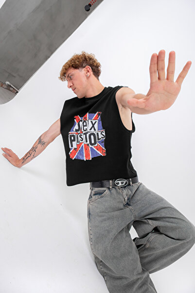 Sekizbiraltı Sex Pistols Baskılı Siyah Sıfır Kol Tişört