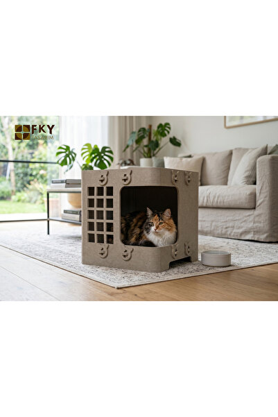Fky Tasarım Bej Ketoki Tek Katlı Kedi Evi