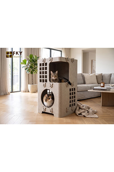 Fky Tasarım Bej Ketoki İki Katlı Kedi Evi