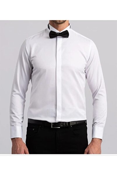 ADVANTE Slim Fit White Cotton Satin Cufflinked Ata Collar Tuxedo Shirt with H...