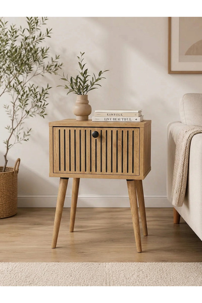 enwood CANOPUS MDF SAFİR MEŞE AHŞAP AYAKLI TEK KAPAKLI KOMODİN