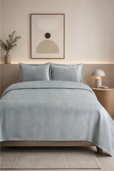 Bikaya Home Set cuvertură de pat dublă din catifea premium de lux (3 piese) - 240x260 cm - Cu geantă din PVC
