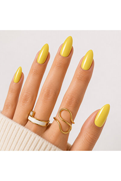 Takma Takma Takma Tırnak Nail Art Sarı L Beden Kısa Badem 10'lu El Yapımı Jel...