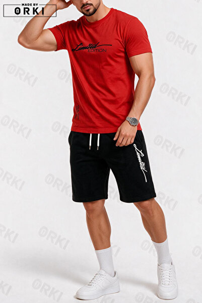 EFFRENATU Limited Edition Printed Cotton Fabric Red Black T-Shirt-Black Short...