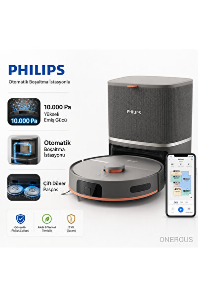 Philips 10.000Pa Yüksek Emiş Güçlü Döner Paspas ile Etkili Temizlik Robot Süp...