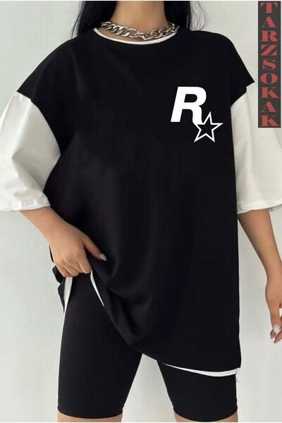 Tarzsokak Crna Oversize kroj Dvostruka boja ROCKSSTAR Štampano Unisex majica