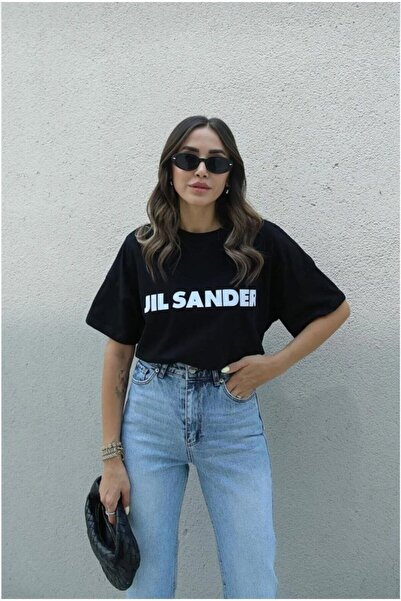 Adrift Tricou negru pentru femei, cu imprimeu Jıl Sander, oversize, cu gâtul ...