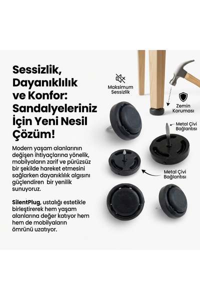 EYMEN YAPI 24 Adet Silentplug Sessiz Tapa Siyah Sandalye Kaydırıcı Taban Koruyucu