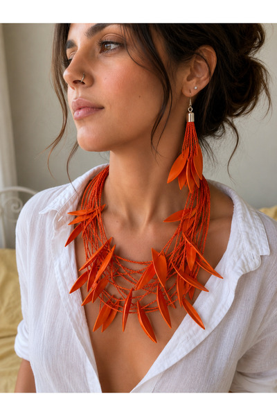 Kutcha Accessories Leaf Detailed Bohemian Necklace and Earring Set Handmade C...