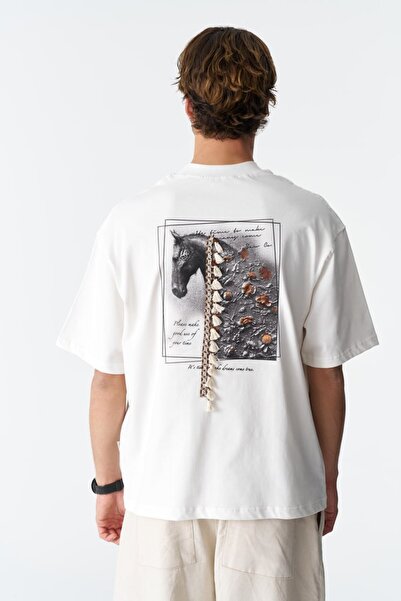 SHANBERWEAR Püsküllü At Baskılı & Nakışlı Oversize Erkek Tişört %100 Pamuk Bi...