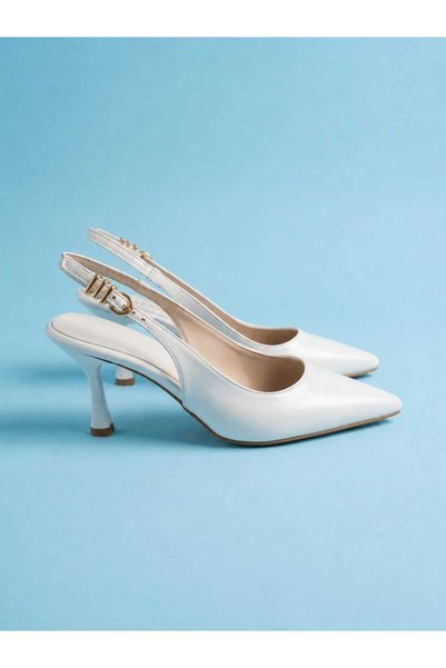 rephro store Pearl White Pointed Toe Open Back Heeled Evening Dress Shoes