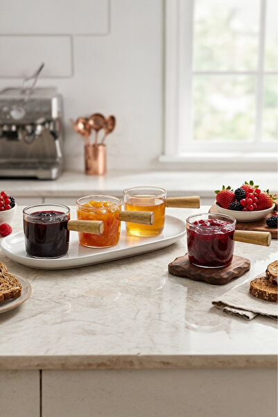 Kitchen Life طقم إفطار مكون من 4 قطع بمقبض خشبي من ميكا جام وعاء صلصة - 80 مل