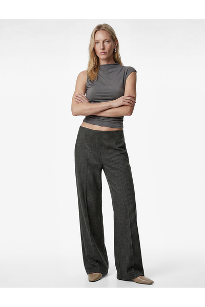 Koton Metallic Thread Detailed Shimmering Long Wide-Leg Striped Fabric Trousers
