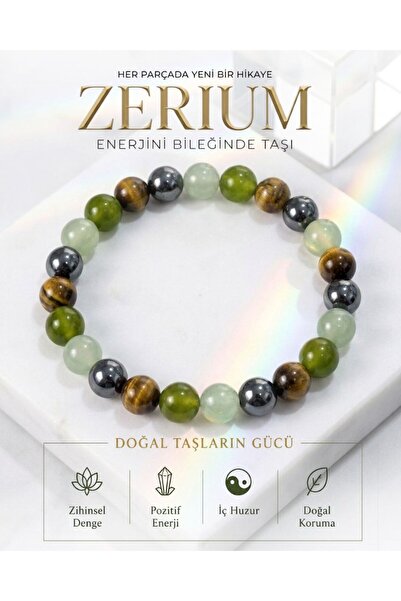 ZERİUM سوار من حجر اليشم وعين النمر الطبيعي - يجلب الطاقة والحظ والبركة