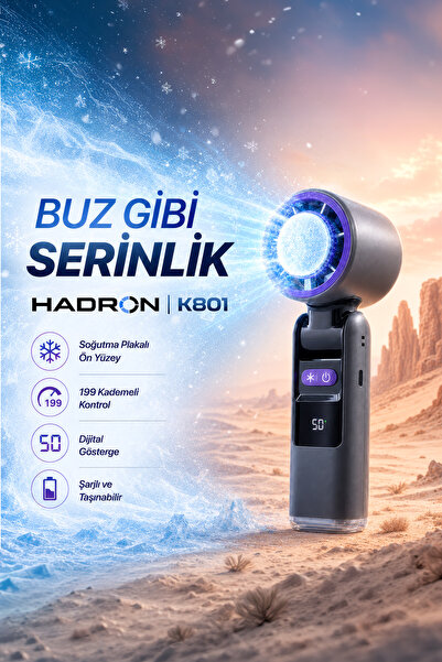 HADRON K801 Şarjlı Soğutma Plakalı Mini El Fanı 1800 mAh Dijital Göstergeli 1...