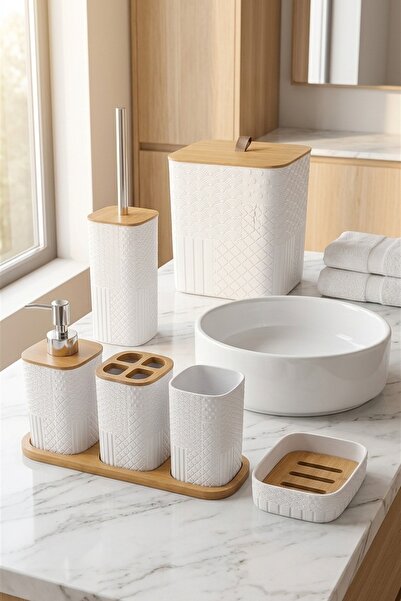 MAKRİ HOME 7 Parça Desenli Kare Bambu Kapaklı Beyaz Banyo Seti, Hacim: 8 litre