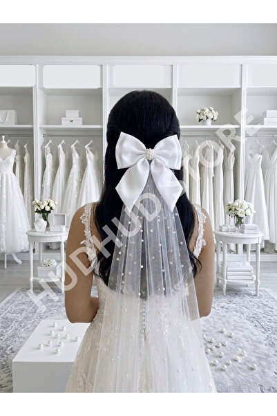HUDHUD STORE Nikah kebi vualet gelin duvağı kırık ekru ve beyaz incili ve tar...
