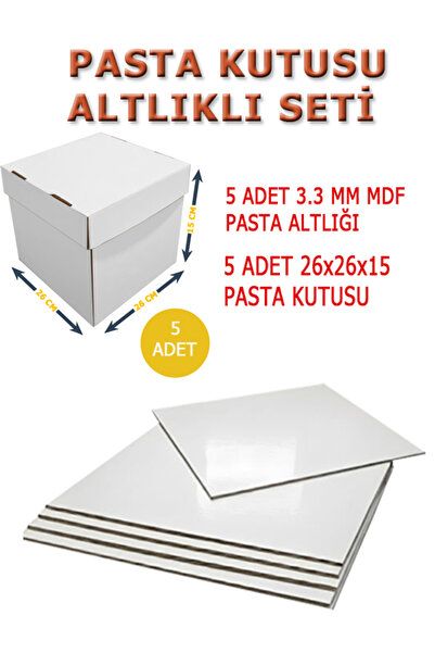 kutucum 26 X 26 X 15 PASTA KUTUSU VE MDF ALTLIK SETİ 5 ADET BEYAZ OLUKLU MUKAVVA