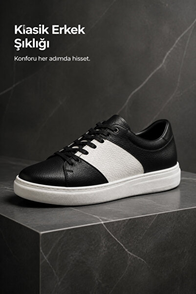 PATRICK CASSA Men's Black Genuine Leather Lace-Up Sneakers Comfortable Daily ...