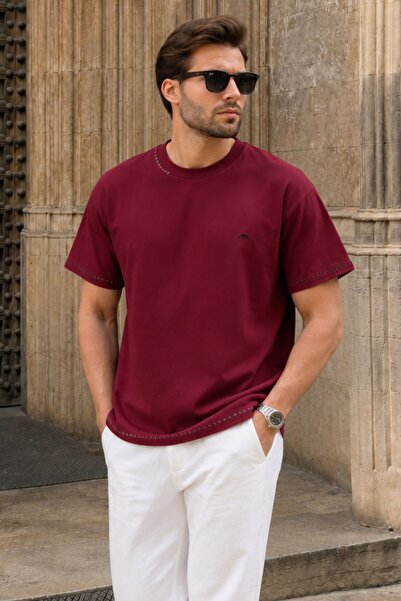 Madmext Burgundy Embroidery Detailed Men's T-Shirt E7112