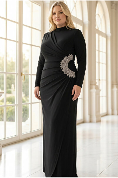 SUBU TASARIM Pile Detailed Stone Embroidered Lined Plus Size Hijab Evening Dr...
