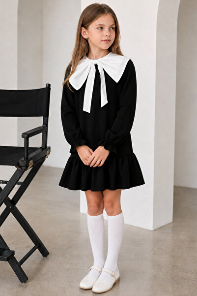Parla Kids Girls' Rashel Black Dress with White Collar, Ruffled Long Sleeve A...