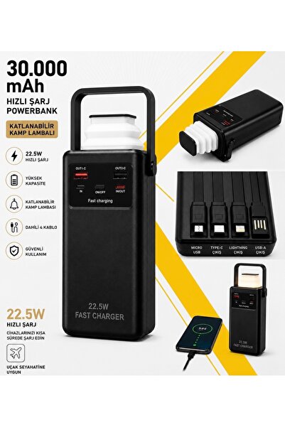 kawigo 30000mAh Powerbank Dahili Kablolu 22.5W Hızlı Şarj Taşınabilir Kamp La...