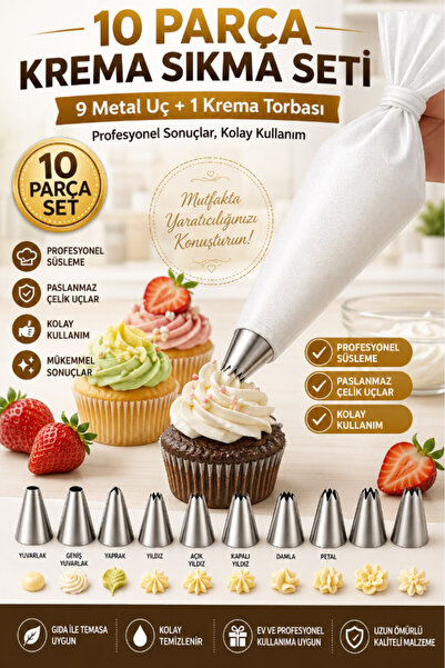 AYGÖREN HOME Krema Sıkma Torbası Seti 10 Parça Pasta Krema Kek Süsleme Torbas...