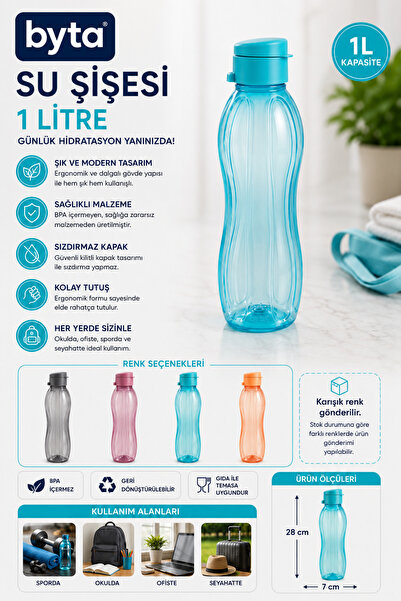 BYTA 1 Litre Sızdırmaz Su Şişesi Matara BPA İçermez Ergonomik Tasarım Spor Ok...