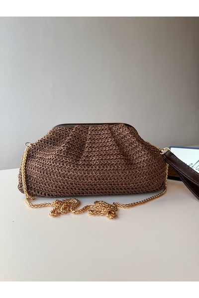 emelimin Women's Brown Wicker Knitted Chain Strap Shoulder & Hand Bag