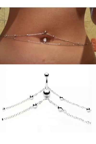 TakıConcept Iki Şerit Vücut Zincirli Çelik Göbek Piercing