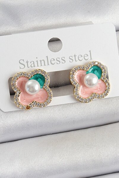 Inure Jewelry Brass Pink Enamel Pearl Detailed Zircon Stone Artistic Portrait...