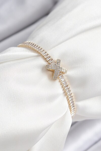 Inure Jewelry سوار نسائي من النحاس والزركون X مفصل على شكل طريق مائي باللون ا...