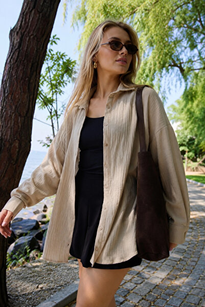 armonika Women's oversized shirt, light beige, linen look, with wide cuffs AR...