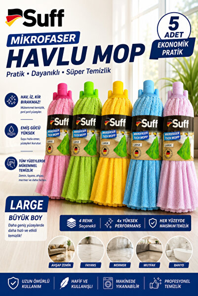 Suff 5 ADET Mikrofiber LARGE Büyük Boy Havlu Mop ,Yedek Mop (90X64CM)