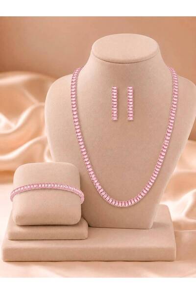 Simovia Pembe 5 mm Baget Taşlı Su Yolu Gümüş Kolye Bileklik Küpe 3'lü Set