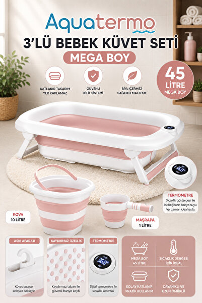 Zuu Baby Yeni Termometreli Katlanır Bebek Küveti 45 Lt. 3 Lü Set Pembe
