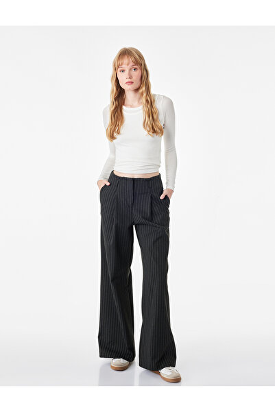 Koton Regular Waist Wide Leg Striped Trousers with Pockets