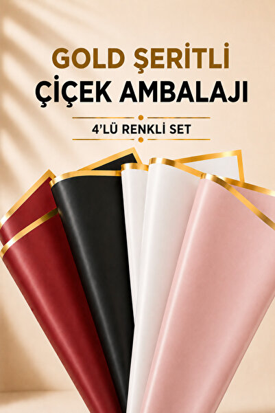 Sellor Gold Şeritli Çiçek Ambalaj Kağıdı 4’lü Set 57x57 cm Renkli Buket Paket...