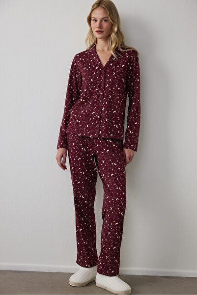 Penti Set de pijama cu pantaloni cămașă Burgundy Starry Night