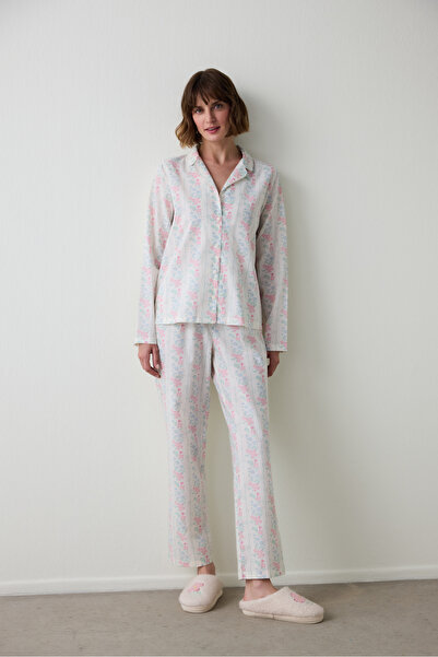 Penti Gardenya Cute Flowers Çiçekli Gömlek Yaka Pamuklu Uzun Kollu Pijama Takımı