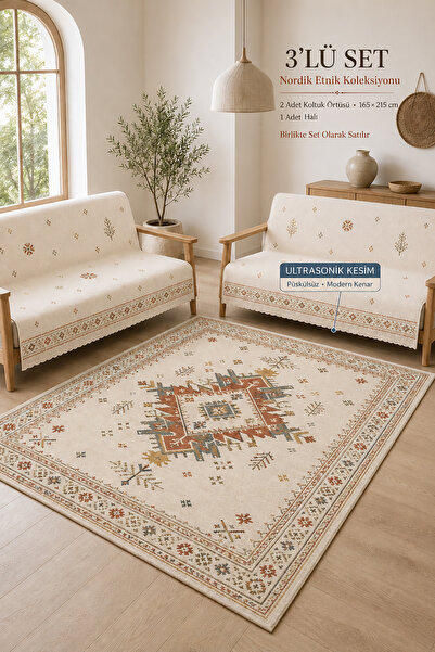 GECE HOME 3’lü Set 2 Adet 165x215 cm Koltuk Örtüsü + 1 Adet Kaymaz Taban Diji...