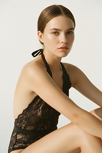 Simi Underwear Flora  Siyah Dantelli Bağlama Detaylı Kadın Body