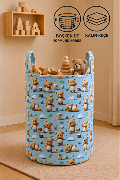 Paris Home Teddy Bear Patterned Thick Felt Toy and Laundry Basket 34X50 cm Mu...