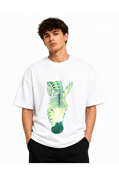 Inscriptie Unisex Premium Cotton Casual T-Shirt "White Zebra with Green"
