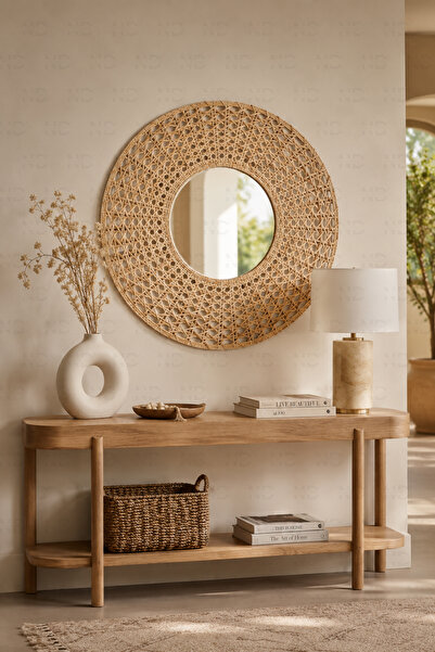 NATUREL DEKOR Rattan Hazeran Örme Dekoratif Ayna 55 cm, Bohem, Iskandinav, Mo...