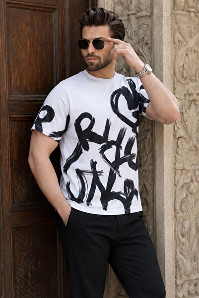 Madmext Men's White Overfit Patterned T-Shirt 5811